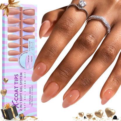 Picture of BTArtbox Press On Nails Medium - Soft Gel Nail Tips Almond XCOATTIPS Natural with Base Color, Stronger Adhesion, Pre-shaped Ultra Fit Fake Nails for Short Nail Extensions