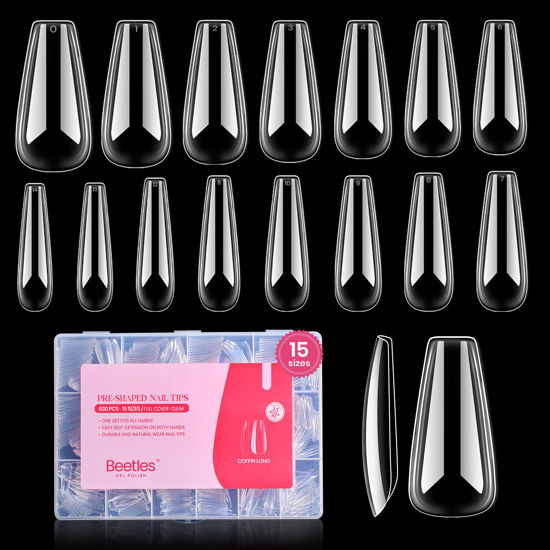 Picture of Beetles Gel Nail Tips Upgraded 15 Sizes Long Coffin Gel Nail Tips 630Pcs Pre-Shaped Clear Full Cover False Nails Easy Nail Extension for Gel Nail Polish Valentine's Day Gift for Women