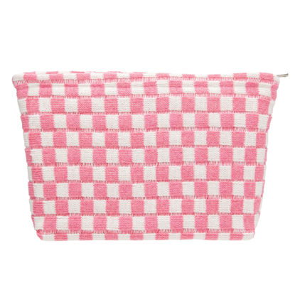 Picture of PAZIMIIK Knitted Checkered Makeup Bag Large Zipper Make Up Accessory Pouch for Purse Cosmetic Brush Bag for Travel Essential Pink White