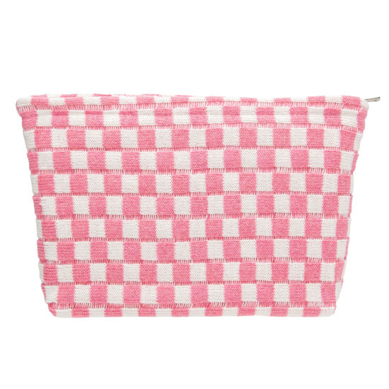 Picture of PAZIMIIK Knitted Checkered Makeup Bag Large Zipper Make Up Accessory Pouch for Purse Cosmetic Brush Bag for Travel Essential Pink White