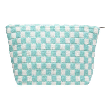 Picture of PAZIMIIK Knitted Checkered Makeup Bag Large Zipper Make Up Accessory Pouch for Purse Cosmetic Brush Bag for Travel Essential Arctic Blue