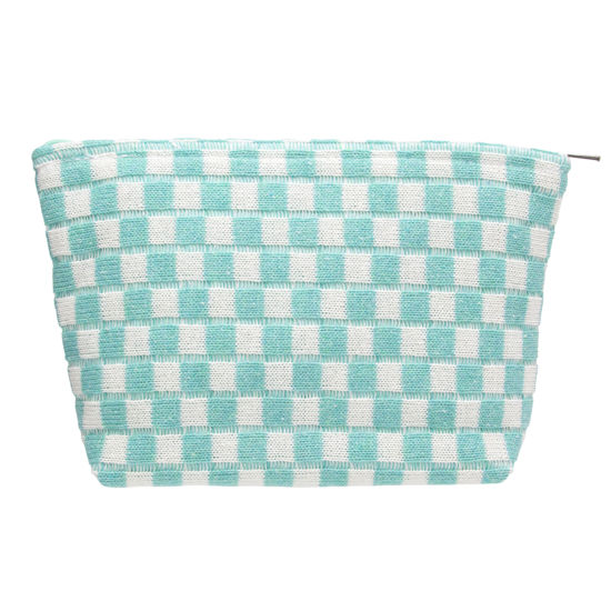 Picture of PAZIMIIK Knitted Checkered Makeup Bag Large Zipper Make Up Accessory Pouch for Purse Cosmetic Brush Bag for Travel Essential Arctic Blue