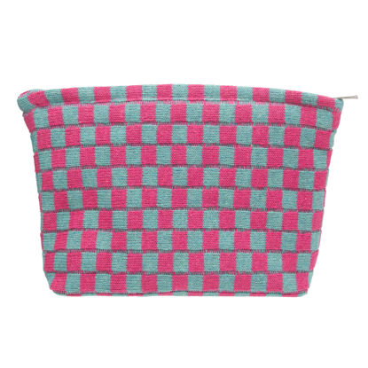 Picture of PAZIMIIK Knitted Checkered Makeup Bag Large Zipper Make Up Accessory Pouch for Purse Cosmetic Brush Bag for Travel Essential Magenta Green