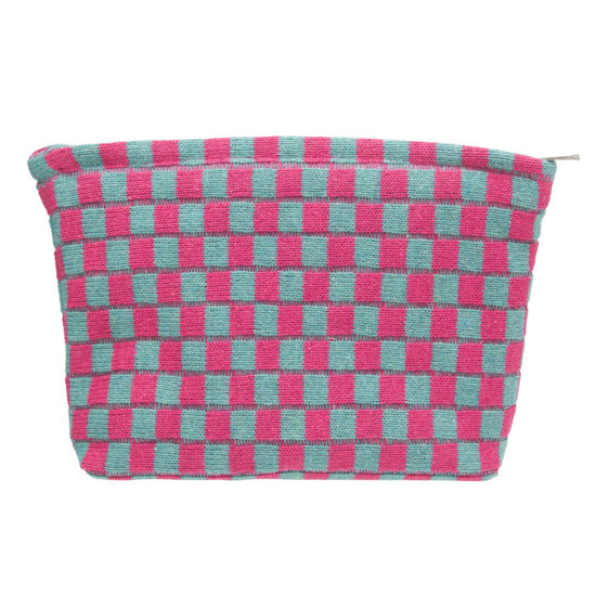 Picture of PAZIMIIK Knitted Checkered Makeup Bag Large Zipper Make Up Accessory Pouch for Purse Cosmetic Brush Bag for Travel Essential Magenta Green