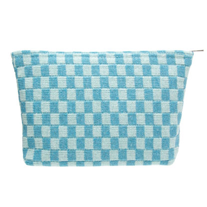 Picture of PAZIMIIK Knitted Checkered Makeup Bag Large Zipper Make Up Accessory Pouch for Purse Cosmetic Brush Bag for Travel Essential Lake Blue
