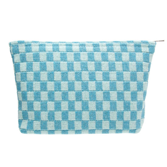 Picture of PAZIMIIK Knitted Checkered Makeup Bag Large Zipper Make Up Accessory Pouch for Purse Cosmetic Brush Bag for Travel Essential Lake Blue