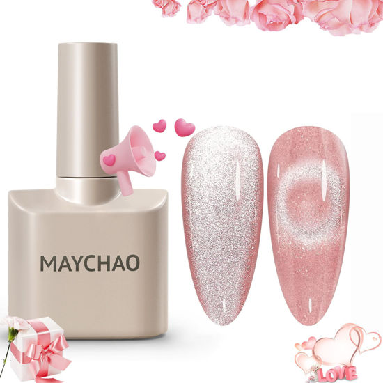 Picture of MAYCHAO 15ML Cat Eye Gel Nail Polish 1Pc Jelly Pink Gel Polish with Magnet Soak off Holographic Magnetic Nail Polish for Nail Art Manicure Salon DIY at Home, 0.5 OZ