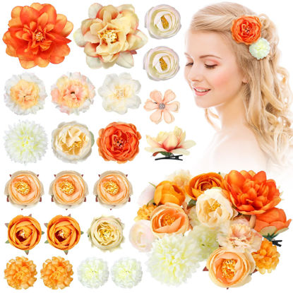 Picture of BBTO 21 Pieces Flower Hair Clip Rose Hair Clips Hair Barrettes for Women Flower Hair Accessories Boho Bride Claw Clip Hairpin Brooch Pin Headpiece for Wedding(Orange)