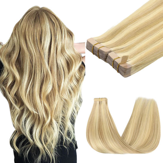 Picture of GOO GOO Tape in Hair Extensions Human Hair, 18D/22F Dirty Blonde Highlights, 24inch 100g 40pcs, Thick Ends Straight Seamless Tape in, Invisible Tape in Hair Extensions Human Hair