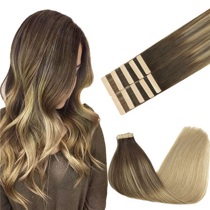 Picture of GOO GOO Tape in Hair Extensions Human Hair, 4/18 Balayage Chocolate Brown Highlighted Dirty Blonde, 14inch 25g 10pcs, Thick Ends Straight Seamless Tape in, Invisible Tape in Hair Extensions Human Hair