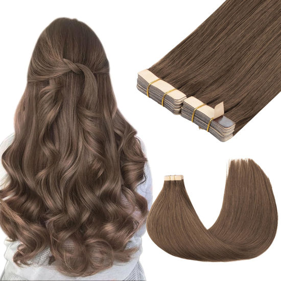 Picture of GOO GOO Tape in Hair Extensions Human Hair, 5 Light Ash Brown, 14inch 100g 40pcs, Thick Ends Straight Seamless Tape in, Invisible Tape in Hair Extensions Human Hair