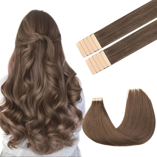 Picture of GOO GOO Tape in Hair Extensions Human Hair, 5 Light Ash Brown, 18inch 25g 10pcs, Thick Ends Straight Seamless Tape in, Invisible Tape in Hair Extensions Human Hair