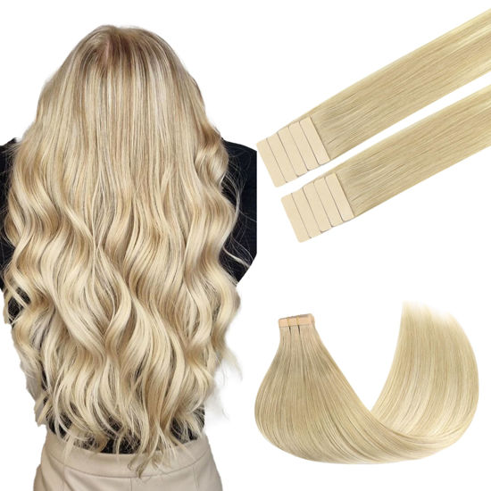 Picture of GOO GOO Tape in Hair Extensions Human Hair, 18ET90A Natural Blonde Balayage, 24inch 30g 10pcs, Thick Ends Straight Seamless Tape in, Invisible Tape in Hair Extensions Human Hair