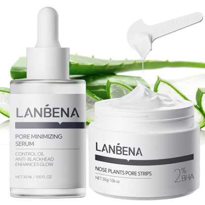 Picture of LANBENA 3-in-1 Blackhead Removal Set - Pore Strips (30g), Pore Minimizing Serum (30ml) & Removal Paper - Mask for Face, Minimizes Pores & Leaves Skin Fresh & Clean, Blackhead Remover