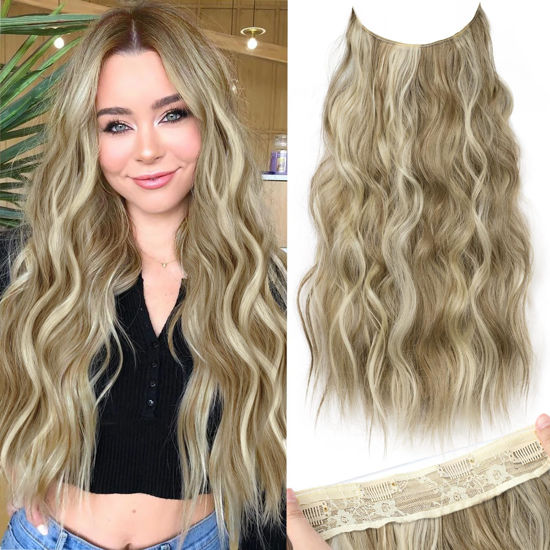 Picture of KooKaStyle Invisible Wire Hair Extensions with Transparent Headband Adjustable Size 4 Secure Clips Long Wavy Secret Wire Hairpiece 20 Inch for Women(Dirty Blonde Mixed Bleach Blonde/10H24#)