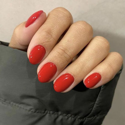 Picture of modelones Short Press on Nails, 32Pcs 16 Sizes Oval Fake Nails with Nail Glue, Adhesive Tabs, Nail File, Prep Pad, Manicure Stick, Real Red