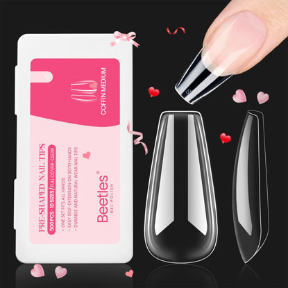 Picture of Beetles Gel Nail Kit Nail Tips 500Pcs Medium Coffin Pre Shaped Clear Full Cover False Nails for Gel Art Polish Soak Off Lamp Easy Nail Extensions Acrylic False Press on Nail Tips