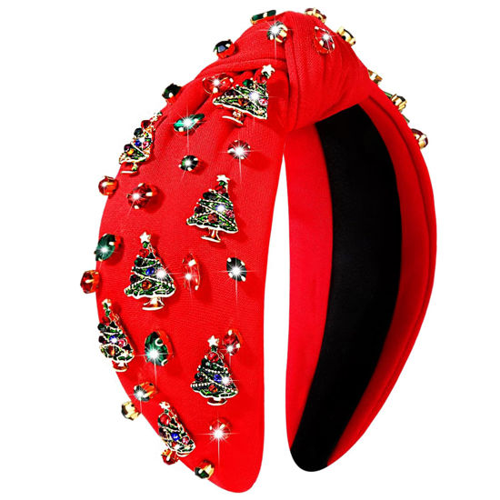 Picture of Jeweled Christmas Tree Headband with Embellished Crystals and Pearls - Wide Top Knot Knotted Headbands for Women, Holiday Hair Accessories and Outfits Gift