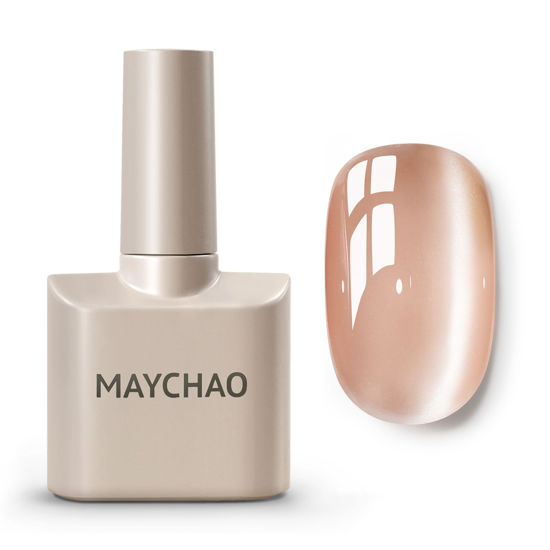 Picture of MAYCHAO 15ML Cat Eye Gel Nail Polish 1Pc Glassy Nude Magnetic Nail Polish with Magnet Soak off Holographic Cat Eye Gel Polish for Nail Art Manicure Salon DIY at Home, 0.5 OZ