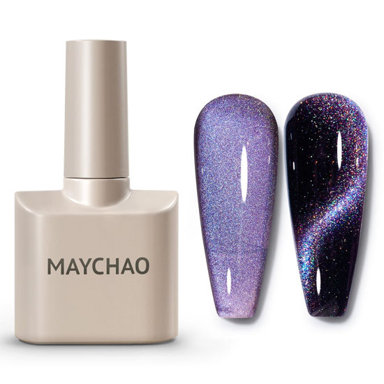 Picture of MAYCHAO 15ML Cat Eye Gel Nail Polish 1Pc Rainbow Purple Gel Polish with Magnet Soak off Holographic Magnetic Nail Polish for Nail Art Manicure Salon DIY at Home, 0.5 OZ