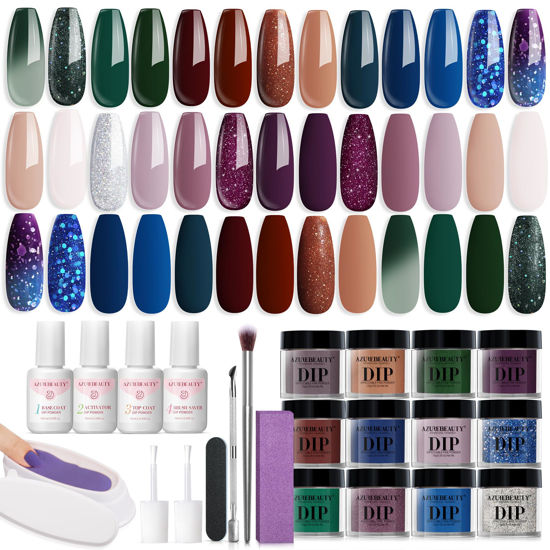 Picture of 31Pcs Dip Nails Powder Starter Kit, AZUREBEAUTY 20 Colors Purple Blue Glitter Dipping Powder Recycling Tray Liquid Set with Base Top Coat Activator for French Nails Art Manicure DIY Home Salon