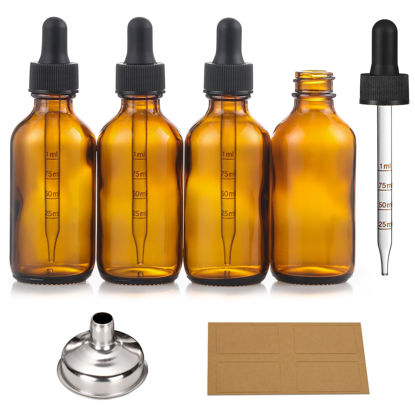 Picture of 4 Pack 1 oz Glass Dropper Bottles with Measured Dropper - 30ml Dark Amber Tincture Bottles with Graduated Calibrated Glass Eye Droppers (1ml) for Essential Oils, Liquids - Leakproof Travel Bottles