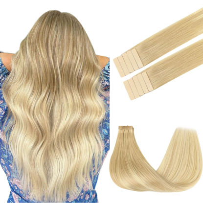 Picture of GOO GOO Tape in Hair Extensions Human Hair, 18DT60A Pearl Ash Blonde Highlights, 20inch 30g 10pcs, Thick Ends Straight Seamless Tape in, Invisible Tape in Hair Extensions Human Hair