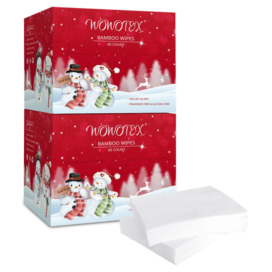 Picture of Christmas Style WOWOTEX Disposable Face Towel Biodegradable Large Dry Face Wipes 120 Count/2 Box Extra Thick Soft Clean Facial Towels for Sensitive Skin, Facial Cleansing, Nursing, 10"×12"