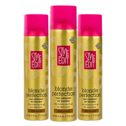 Picture of STYLE EDIT DARK BLONDE Root Concealer Touch Up Spray, Instantly Covers Greys And Dark Roots - Professional Salon Quality Blonde Perfection Grays Cover Up Hair Products for Women 4 Ounce (Pack of 3.)