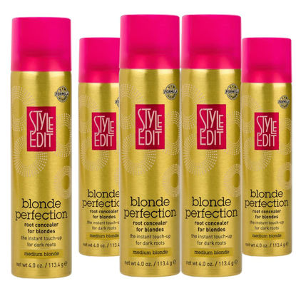 Picture of STYLE EDIT MEDIUM BLONDE Root Concealer Touch Up Spray Instantly Covers Greys And Dark Roots - Professional Salon Quality Blonde Perfection Grays Cover Up Hair Products for Women 4 Ounce PACK OF 5