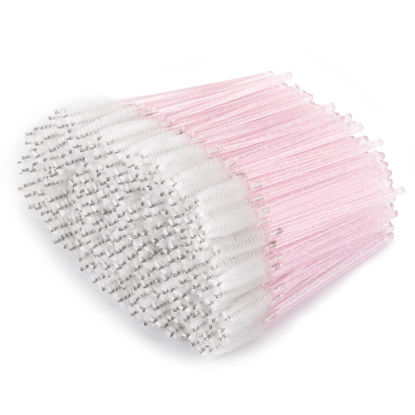 Picture of Tbestmax 300 Pcs Disposable Spoolies, Mascara Wand Eyelashes Brushes Applicator for Eyebrow Eye Lash Extension Pink Stick White Head