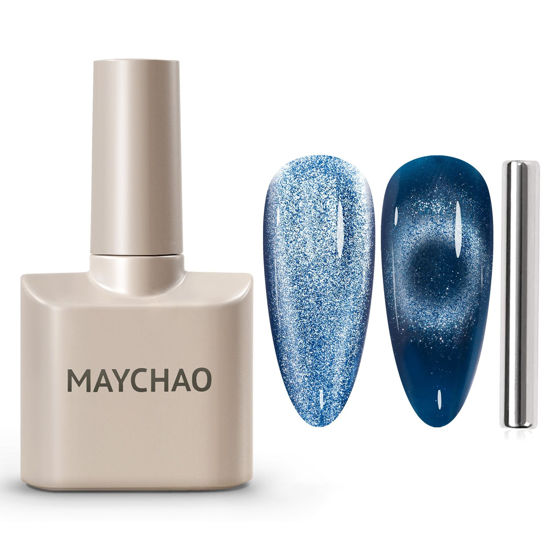 Picture of MAYCHAO 15ML Cat Eye Gel Nail Polish 1Pc Blue Gel Polish with Magnet Soak off Holographic Magnetic Nail Polish for Nail Art Manicure Salon DIY at Home, 0.5 OZ