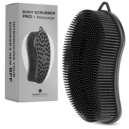 Picture of MainBasics Exfoliating Silicone Body Scrubber Pro 2-in-1 Shower Scrubber for Body, Silicone Loofah and Body Massager (Black, Body + Massage)