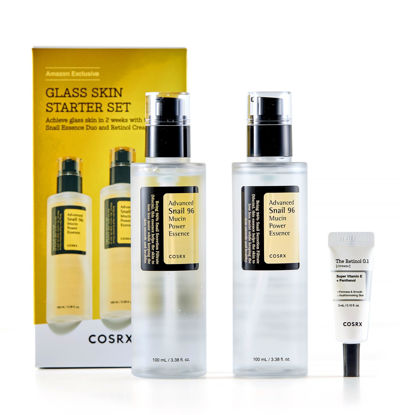 Picture of COSRX Glass Skin Starter Set, Amazon Exclusive, Advanced Snail 96% Mucin Power Essence & Retinol 0.1% Cream Mini Sample, Daily Hydrating & Firming Korean Skin Care Kit, Gift Set