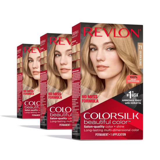 Picture of Permanent Hair Color by Revlon, Permanent Blonde Hair Dye, Colorsilk with 100% Gray Coverage, Ammonia-Free, Keratin and Amino Acids, Blonde Shades, 71 Golden Blonde (Pack of 3)