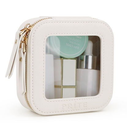 Picture of Prite Small Makeup Bag for Women Portable Clear Makeup Bag Cute Mini Waterproof Travel Cosmetic Bag with Gold Zipper for Car Essentials(Beige)