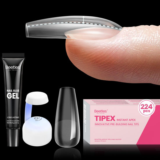 Picture of Beetles Tipex Gel Nail Kit: Medium Coffin Nail Tips C Curved Fake Tips, Pre Building Fake Nails with Uv Nail Glue，LED Nail Lamp, Base Coat, Nail File Available for Home DIY or Salon Use 224PCS 16Sizes