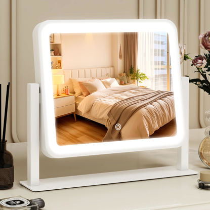 Picture of ROLOVE Vanity Mirror with Lights, 14"×12" LED Makeup Mirror, Lighted Makeup Mirror with Lights, Smart Touch Control 3 Colors Dimmable, Lighted Up Mirror for Makeup Desk, Bedroom, 360° Rotation