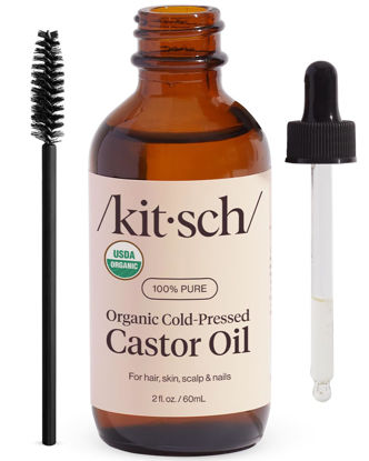 Picture of Kitsch Organic Castor Oil, 100% Pure, Cold Pressed Unrefined Glass Bottle, Castor Oil For Hair Growth, Face, Skin, Eyelashes, Eyebrows, Scalp, Nails & Belly Button, Hexane Free, USDA Organic - 2oz