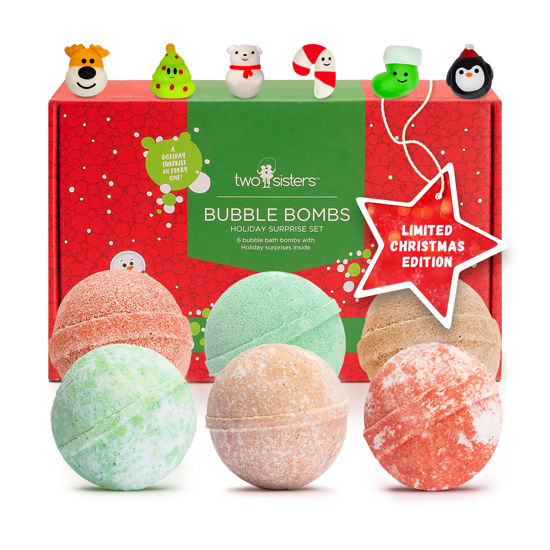 Picture of Christmas Bath Bombs for Kids with Surprise Toys Inside (6 Pack) - Holiday Gifts and Stocking Stuffers for Boys and Girls - Bubble Treats with Cheerful Scents, USA Made by Two Sisters