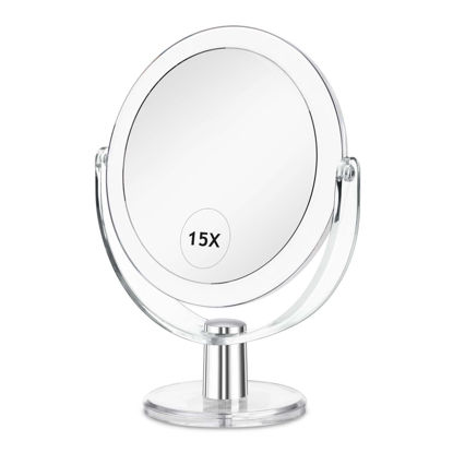 Picture of CLSEVXY Vanity Mirror Makeup Mirror with Stand, 1X/15X Magnification Double Sided 360 Degree Swivel Magnifying Mirror, 6.25 Inch Portable Table Desk Counter top Mirror Bathroom Shaving Mirror