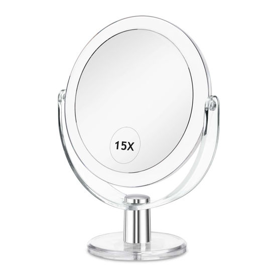 Picture of CLSEVXY Vanity Mirror Makeup Mirror with Stand, 1X/15X Magnification Double Sided 360 Degree Swivel Magnifying Mirror, 6.25 Inch Portable Table Desk Counter top Mirror Bathroom Shaving Mirror