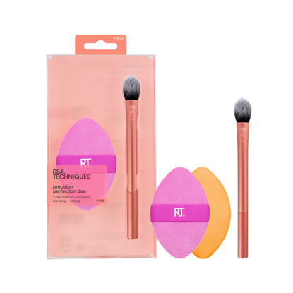 Picture of Real Techniques Precision Perfection Duo, Viral Kitten Paw Concealer Brush & Dual-Sided Powder Puff For Powder & Foundation, Travel Friendly Makeup Brush Set, Cruelty-Free, 2 Piece Set