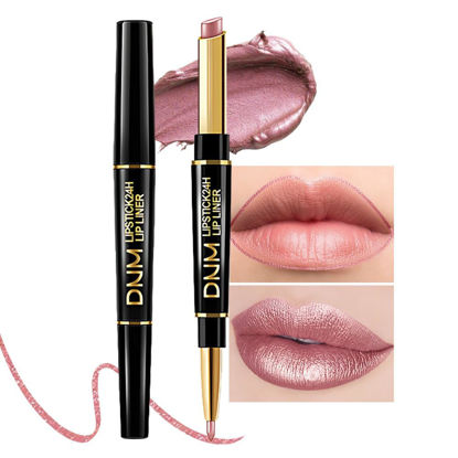 Picture of evpct 1Pcs Rose Nude Pink Metallic Shine Shimmer Lip Liner and Lipstick Combo Set Kit for Women, DNM Lightweight Hydrating Formula High Impact Full Coverage Lipstick and Lip Liner Makeup Gloss, 17#