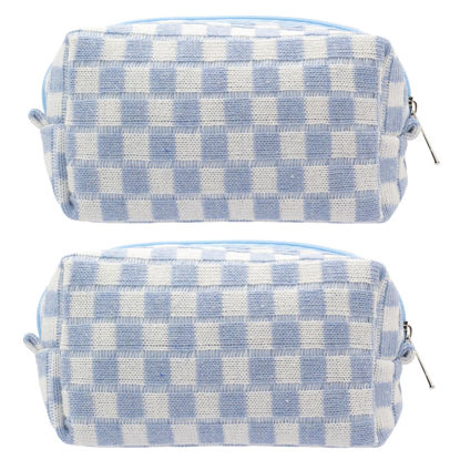 Picture of PAZIMIIK Checkered Makeup Bag for Purse Portable Zipper Make Up Pouch Small Cosmetic Case for Travel Accessories (2PCS Blue)