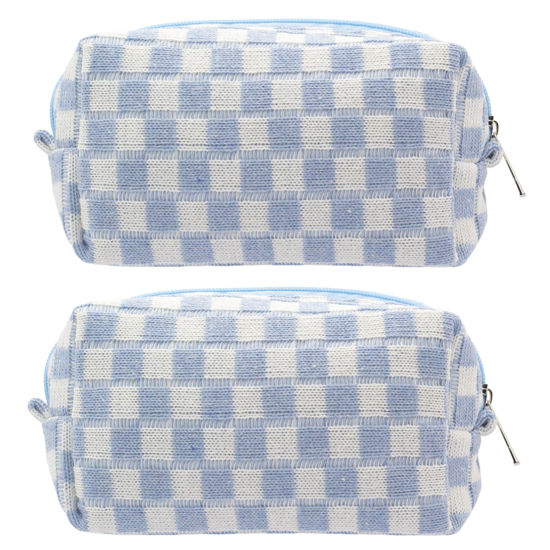 Picture of PAZIMIIK Checkered Makeup Bag for Purse Portable Zipper Make Up Pouch Small Cosmetic Case for Travel Accessories (2PCS Blue)
