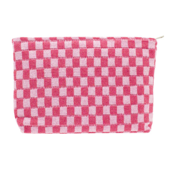 Picture of PAZIMIIK Knit Checkered Makeup Bag Large Zipper Make Up Accessory Pouch for Purse Cosmetic Brush Bag for Travel Essential,Hotpink
