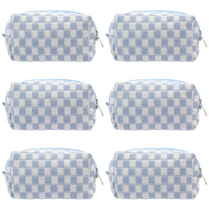 Picture of PAZIMIIK Checkered Makeup Bag for Purse Portable Zipper Make Up Pouch Small Cosmetic Case for Travel Accessories (6PCS Blue)
