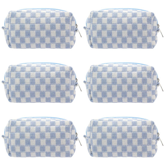 Picture of PAZIMIIK Checkered Makeup Bag for Purse Portable Zipper Make Up Pouch Small Cosmetic Case for Travel Accessories (6PCS Blue)