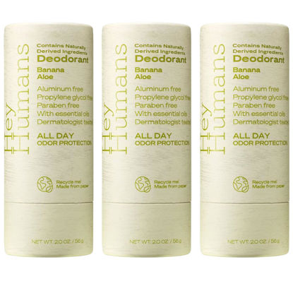 Picture of Hey Humans Deodorant, Aluminum Free Deodorant for Women and Men, Contains Naturally Derived Ingredients, All Day Odor Control, Refreshing Essential Oils, Earth Friendly Package, Banana Aloe